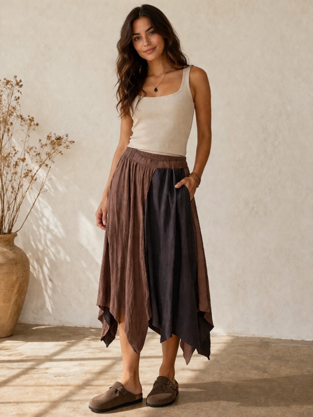 Asymmetry Two Tone Drift Midi Skirt